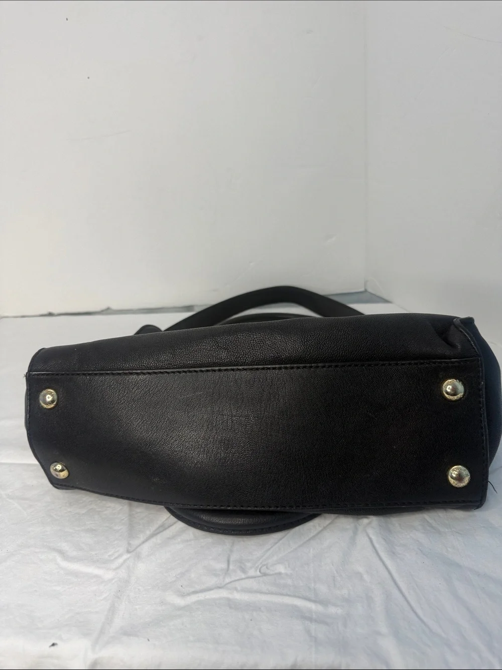Classic Black Leather Satchel Handbag with Gold Hardware
